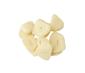 Top view of garlic slices or pieces in stack isolated on white background with clipping path