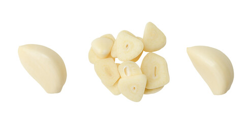 Top view set of garlic clove and slices or pieces isolated with clipping path in png file format