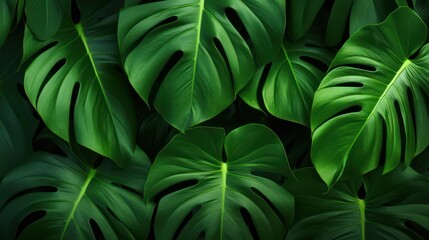 Realistic Detailed 3d Green Monstera Leaves Seamless Pattern Background. Generative AI