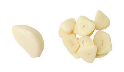 Top view set of garlic clove and slices or pieces in stack isolated on white background with clipping path