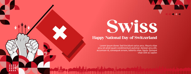 Swiss National Day banner in colorful modern geometric style. National Independence Day greeting card cover with typography. Illustration banner for Switzerland national holiday celebration party