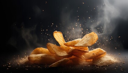 Hot and freshly made potato wedges on black background. Crispy potato chips with hot steam, pieces and crumbs on dark surface. Generative AI. - obrazy, fototapety, plakaty