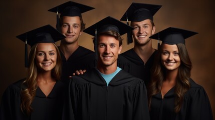 Group of happy students in graduation gowns and caps. Education concept. Generative AI