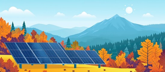 Renewable energy in an autumn landscape with solar panels near forest and mountains, providing eco-friendly electricity. - obrazy, fototapety, plakaty