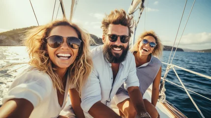 Stoff pro Meter Group of friends having fun on the deck of a sailing yacht. Generative AI © Alex