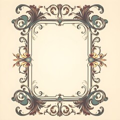 Illustration of vintage frame with floral ornament in blue and gold colors