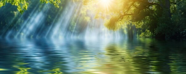 River gentle flow amidst lush greenery reflecting sun tranquil embrace. Morning light cascades through trees unveiling serene landscape of life and color. Heart of nature water and forest in journey