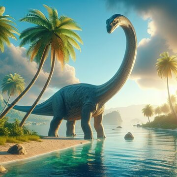 Brachiosaurus dinosaur in water next to islands with palm trees. This is a 3d render illustration