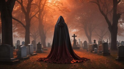 mysterious figure cloaked in a red cape , in a cemetery, horror background	 - obrazy, fototapety, plakaty