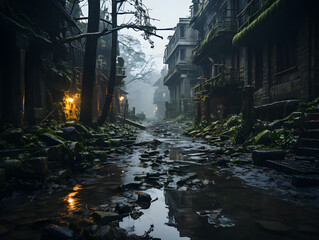 Dead City. Post Apocalyptic City Background with Abandoned and Ruined Buildings with Puddles of Water on the Road