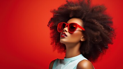 Beautiful young african american woman with afro hairstyle and red sunglasses on red background. Generative AI - obrazy, fototapety, plakaty