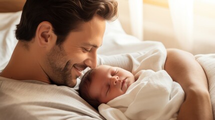 happy father with newborn baby in bed at home, focus on infant Generative AI