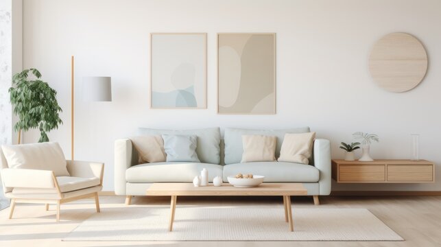 Living room interior with a beige sofa, a coffee table and two posters. 3d rendering mock up Generative AI