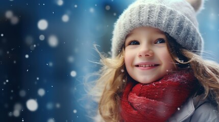 Portrait of a cute little girl in a winter hat and scarf Generative AI