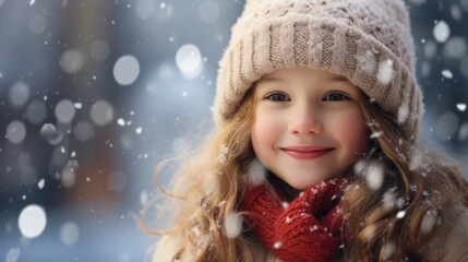 Portrait of a beautiful little girl in winter clothes on a snowy day. Generative AI