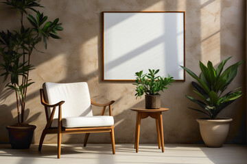 Embrace simplicity with two chairs and a table, accompanied by a cute little plant, set against a simple solid wall with a blank empty white frame for your creative touch.