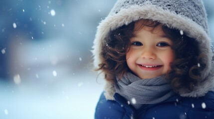 Portrait of a cute little girl in winter clothes on a snowy day Generative AI