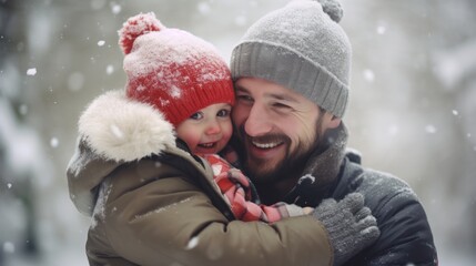 Happy family in winter park. Father and daughter on a walk in the snow. Generative AI