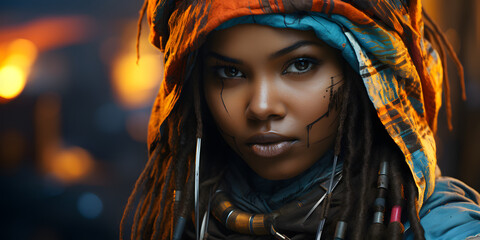 Hooded African Woman in Cyberpunk Style Clothes