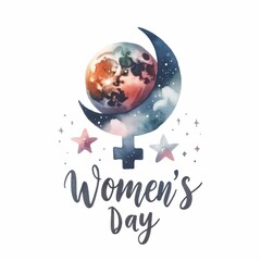 Women's Day lettering with celestial elements. watercolor illustration, white color background