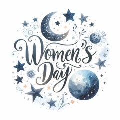 Fototapeta na wymiar Women's Day lettering with celestial elements. watercolor illustration, white color background