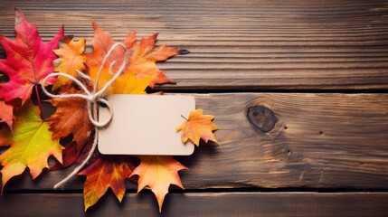 Autumn background with maple leaves and gift tag on rustic wooden board Generative AI