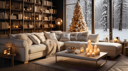 An ivory sofa, adorned with a plush throw blanket, invites comfort and relaxation near a beautifully decorated Christmas tree, creating a serene winter holiday atmosphere.