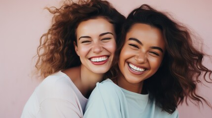 Portrait of two beautiful women laughing and looking at camera on pink background Generative AI