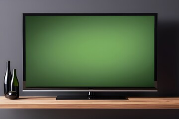 Blank black smart TV screen on a wooden table