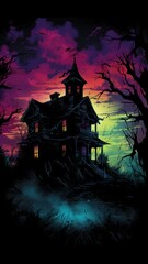 Fototapeta na wymiar Haunted House Silhouette in Dark RGB-Colored Sky Generative AI