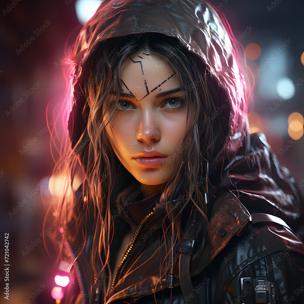 Wall mural Cyberpunk Girl in Hood with Blurred Rainy Night City Background. Apocalypse Character