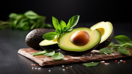 Avocado and basil on a black background. Healthy food concept. Generative AI