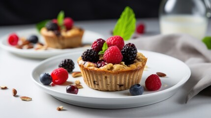 Tartlets with berries and nuts on a white background. Selective focus. Generative AI