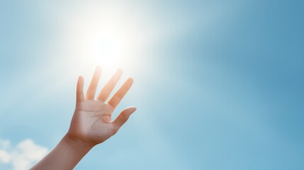 Human hand showing three fingers on blue sky background with sun rays. Generative AI - obrazy, fototapety, plakaty