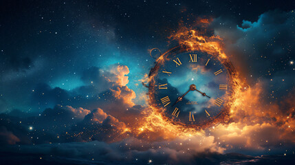 Time is fragile, symbolized by the burning clock. - obrazy, fototapety, plakaty