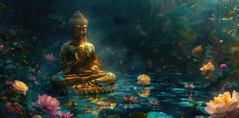 buddha seated on the water in the forest with flowers - obrazy, fototapety, plakaty