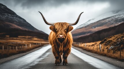 Highland cow crossing the road in Glencoe, Scotland, UK Generative AI - obrazy, fototapety, plakaty