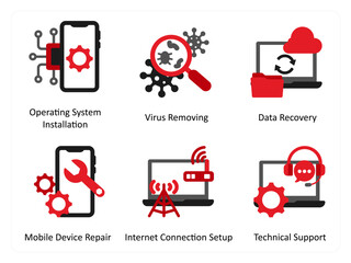 Six technology icons in red and black as operating system installation, virus removing, data recovery