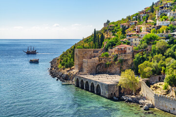 View of the Tersane and boats in Alanya, Turkey - obrazy, fototapety, plakaty