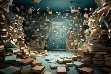 A large number of levitating books in a closed room. - obrazy, fototapety, plakaty