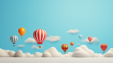 Hot air balloons flying in the sky with clouds. 3d rendering Generative AI