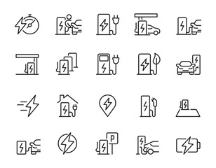 Set of Car Charging Station Related Vector Line Icons. Contains such Icons as Electric socket station, Car plugged to charge, Battery and more. Editable Stroke.