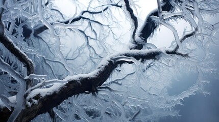 Frozen tree branches in the winter forest. Blue toned. Generative AI