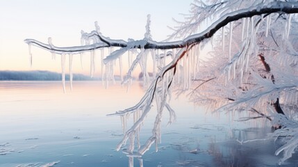 Beautiful winter landscape with frozen trees on the shore of the lake Generative AI