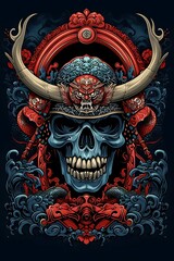 mockup t-shirt design illustrating a cyborg skull in a Japanese-style ornamental fram