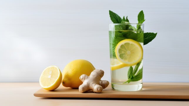Glass of lemonade with ginger, lemon and mint on wooden board Generative AI