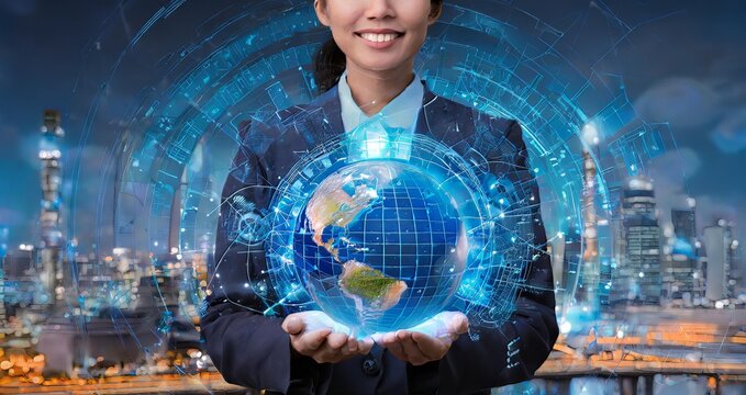 Ai Generated Businesswoman holding a high technology digitally generated globe of computer and futuristic