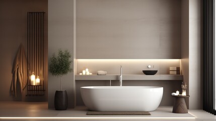 Bathroom interior with white bathtub, mirror and candles. 3d render Generative AI