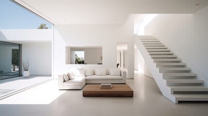 Interior of modern living room with white walls, concrete floor, white sofa and wooden coffee table. 3d rendering Generative AI