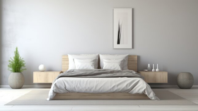 Interior of modern bedroom with white walls, carpet and wooden bed. 3d render Generative AI
